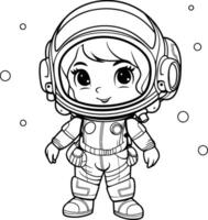 linda dibujos animados astronauta niña en espacio traje para colorante libro. vector