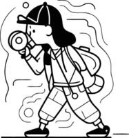 Tourist woman with binoculars and backpack. vector