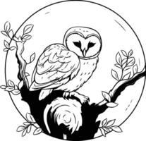 Owl on tree branch. Black and white illustration for coloring book. vector