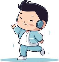 linda pequeño chico en auriculares bailando y escuchando a música. vector