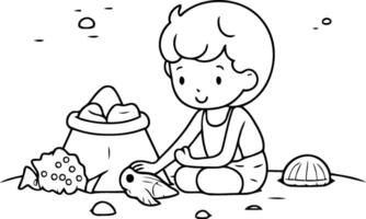 Cute little boy playing with sand on the beach. vector