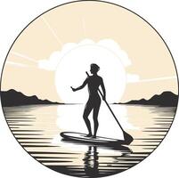 Silhouette of a woman on a stand up paddle board. vector