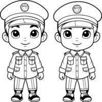 negro y blanco dibujos animados ilustración de niños en policía uniforme para colorante libro vector