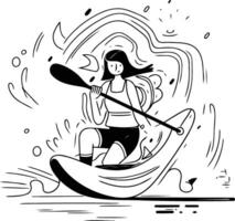 ilustración de un niña en un kayac en el mar. vector