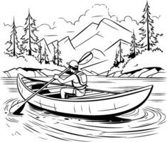 Kayak on the lake in black and white. vector