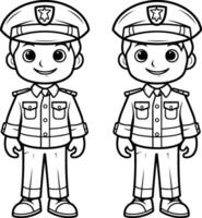 colorante página contorno de policía y policía oficial dibujos animados personaje vector