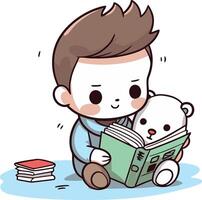 Boy reading a book with teddy bear. cartoon illustration. vector