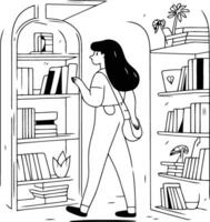 dibujos animados ilustración de joven mujer en pie cerca el estante para libros con libros y plantas. vector