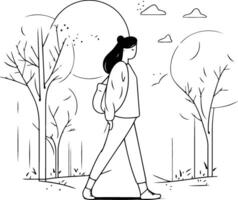 joven mujer caminando en el parque en plano dibujos animados estilo vector