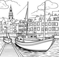 Copenhagen cityscape with boats. Hand drawn illustration. vector