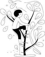 ilustración de un niña alpinismo en un árbol. plano estilo. vector