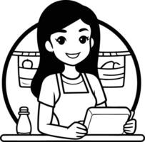 Woman in apron using tablet in cartoon style. vector