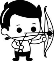 Cute boy aiming with bow and arrow cartoon character illustration. vector