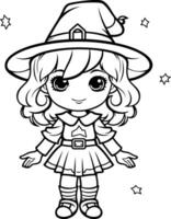 Black and White Cartoon Illustration of Cute Little Witch Girl Coloring Book vector