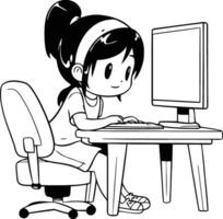 Illustration of a Girl Using a Computer While Sitting at Her Desk vector