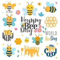 World bee sticker set. Calligraphy hand lettering and cartoon bees isolated on white. Template clip art for banner, flyer, sticker, postcard, print. vector