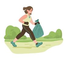 Woman jogging while collecting trash in a park. Illustration with flat colors and simple shapes. Plogging and eco-friendly exercise concept. vector