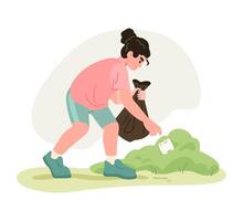 Woman is engaged in plogging. Girl picking up trash outdoors. Illustration with flat colors and simple shapes. Environmental cleanup and eco activism concept. vector