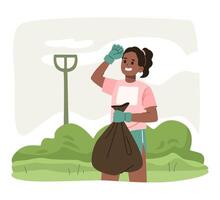 Happy woman participating in park clean-up. Girl is engaged in plogging. Illustration with flat colors and simple shapes. Community service and environmental protection concept. vector