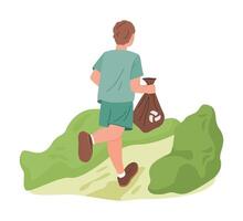 Man jogging and collecting trash in a park. Flat illustration. Plogging and environmental action concept. vector