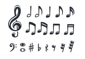 Set of monochrome images of musical notes, treble clef, bass clef, sharp, flat in a cute cartoon flat style. vector