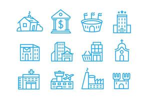 Set of contour icons of buildings, hospital, post office, hotel, airport, factory, castle, city, bank, stadium, church, store in geometric cartoon flat style. vector