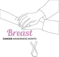 one line drawing hand ribbon with breast cancer awareness month vector