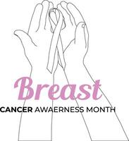one line drawing hand ribbon with breast cancer awareness month vector