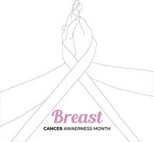 one line drawing hand ribbon with breast cancer awareness month vector