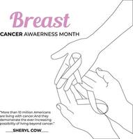 one line drawing hand ribbon with breast cancer awareness month vector