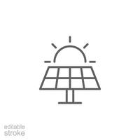 Solar panel icon. Simple outline style. Photovoltaic, sun, installation, roof, generator, heat, sunlight, renewable energy concept. Thin line symbol. isolated. Editable stroke. vector
