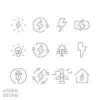 Energy icon set. Simple outline style. Electric, power, save, solar panel, battery, light, charge, wind turbine, green energy concept. Thin line symbol. isolated. Editable stroke. vector