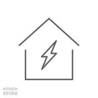 hogar electrificación icono. sencillo contorno estilo. casa con relámpago tornillo, eléctrico, construcción, luz, edificio, energía concepto. Delgado línea símbolo. aislado. editable ataque. vector