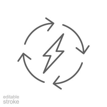 Renewable energy icon. Simple outline style. Cycle, electricity, design, arrow, circle, lightning, electrical, recycle energy concept. Thin line symbol. isolated. Editable stroke. vector