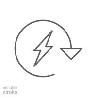 Recharge electric power icon. Simple outline style. Wattage, charger, arrow, thunder, pile, lightning, thunderbolt, energy concept. Thin line symbol. isolated. Editable stroke. vector