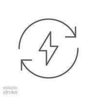 Lightning electric icon. Simple outline style. Bolt with recycling rotation arrow sign, circle, capacity, renewable energy concept. Thin line symbol. isolated. Editable stroke. vector