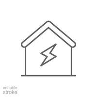 hogar electrificación icono. sencillo contorno estilo. casa con relámpago tornillo, eléctrico, construcción, luz, edificio, energía concepto. Delgado línea símbolo. aislado. editable ataque. vector