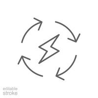 Renewable energy icon. Simple outline style. Cycle, electricity, design, arrow, circle, lightning, electrical, recycle energy concept. Thin line symbol. isolated. Editable stroke. vector