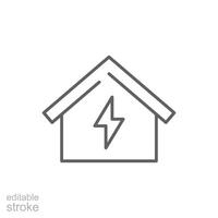 hogar electrificación icono. sencillo contorno estilo. casa con relámpago tornillo, eléctrico, construcción, luz, edificio, energía concepto. Delgado línea símbolo. aislado. editable ataque. vector