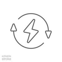 Lightning electric icon. Simple outline style. Bolt with recycling rotation arrow sign, circle, capacity, renewable energy concept. Thin line symbol. isolated. Editable stroke. vector