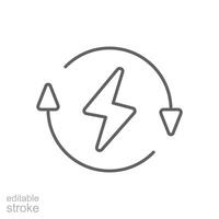 Lightning electric icon. Simple outline style. Bolt with recycling rotation arrow sign, circle, capacity, renewable energy concept. Thin line symbol. isolated. Editable stroke. vector