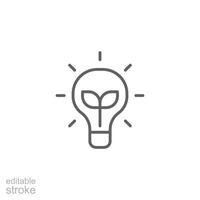 Renewable energy icon. Simple outline style. Shining electric ecology light bulb, leaf, eco, green, sustainable energy concept. Thin line symbol. isolated. Editable stroke. vector