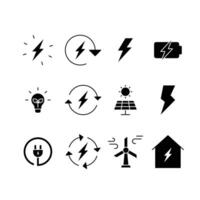 energía icono colocar. sencillo sólido estilo. eléctrico, fuerza, ahorrar, solar panel, batería, luz, cargar, viento turbina, verde energía concepto. negro silueta, glifo símbolo. aislado. vector