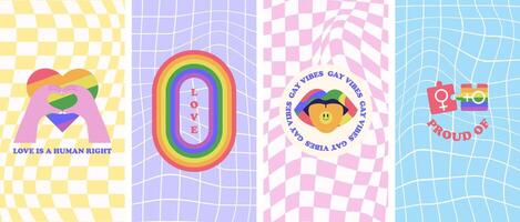 Pride month LGBTQ groovy gingham checkerboard posters vector