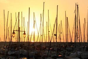 Masts in the port against the blue sky. photo