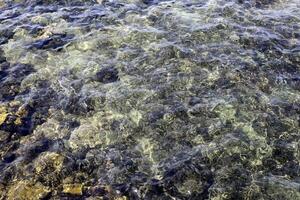 The color of water in the Mediterranean Sea in shallow water. Natural abstract background. photo