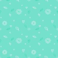 Seamless pattern with cute flowers and hearts, mint green background. vector