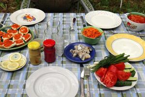 Table in a restaurant with a variety of snacks and food. photo