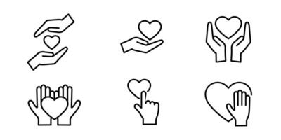 Set of outline icons with hands and hearts. Editable stroke. Donate and charity concept vector