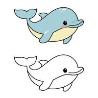 Hand drawn cute dolphin. Marine life animals. Coloring page template vector